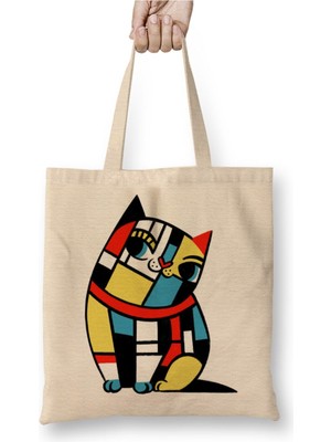 Toyaso Mondrian Cat Kedi Beyaz Bez Çanta Uzun Saplı Alışveriş Çantası Plaj Çantası
