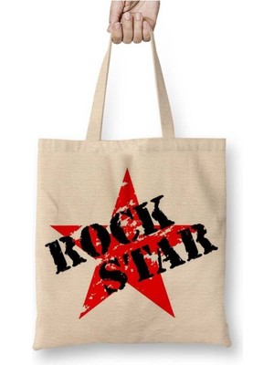 Toyaso Rock Star Beyaz Bez Çanta Uzun Saplı Alışveriş Çantası Plaj Çantası