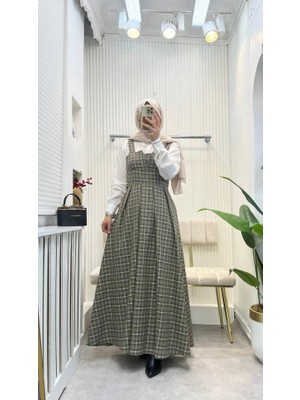 Bosel Kadın Omuz Askılı Full Ekose Detay Elbise