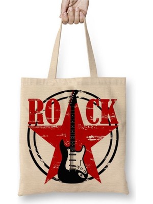 Toyaso Rock Star Beyaz Bez Çanta Uzun Saplı Alışveriş Çantası Plaj Çantası