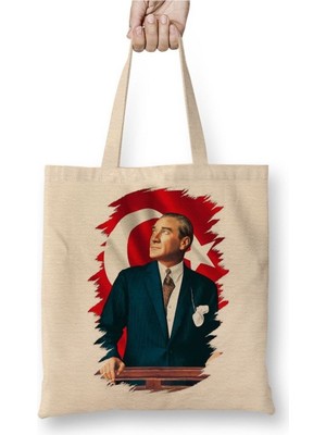 Toyaso Mustafa Kemal Atatürk 05 Beyaz Bez Çanta Uzun Saplı Alışveriş Çantası Plaj Çantası
