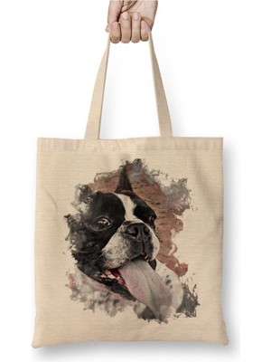 Toyaso Frenchies Pug Köpek Beyaz Bez Çanta Uzun Saplı Alışveriş Çantası Plaj Çantası