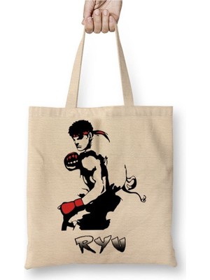 Toyaso Ryu Street Fighter Beyaz Bez Çanta Uzun Saplı Alışveriş Çantası Plaj Çantası