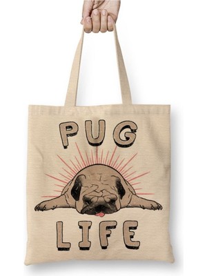 Toyaso Pug Life Köpek Beyaz Bez Çanta Uzun Saplı Alışveriş Çantası Plaj Çantası