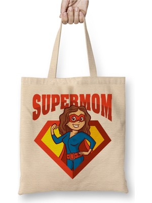 Toyaso Supermom Süperanne Anneler Günü 08 Beyaz Bez Çanta Uzun Saplı Alışveriş Çantası Plaj Çantası