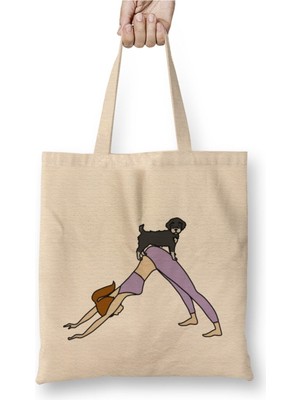 Toyaso Schnauzer Namaste Yoga Beyaz Bez Çanta Uzun Saplı Alışveriş Çantası Plaj Çantası
