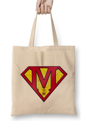 Toyaso Supermom Süperanne Anneler Günü 04 Beyaz Bez Çanta Uzun Saplı Alışveriş Çantası Plaj Çantası