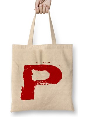 Toyaso P Harfi Beyaz Bez Çanta Uzun Saplı Alışveriş Çantası Plaj Çantası