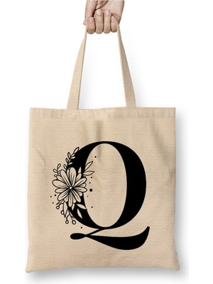 Toyaso Q Harfi Beyaz Bez Çanta Uzun Saplı Alışveriş Çantası Plaj Çantası