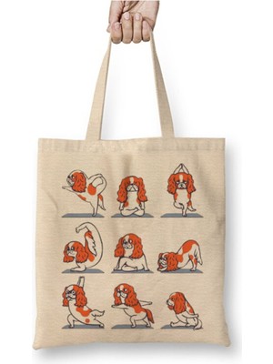 Toyaso Cavalier King Charles Spaniel Yoga Beyaz Bez Çanta Uzun Saplı Alışveriş Çantası Plaj Çantası