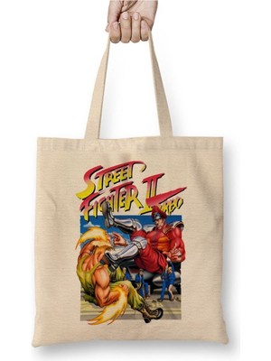 Toyaso Street Fighter Afiş Poster Beyaz Bez Çanta Uzun Saplı Alışveriş Çantası Plaj Çantası