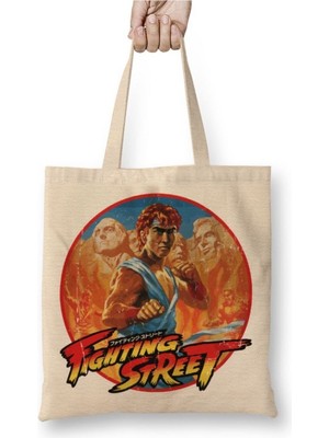 Toyaso Street Fighter Fighting Street Beyaz Bez Çanta Uzun Saplı Alışveriş Çantası Plaj Çantası