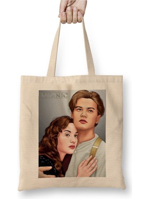 Toyaso Movie Lover Rose And Jack Titanic Beyaz Bez Çanta Uzun Saplı Alışveriş Çantası Plaj Çantası