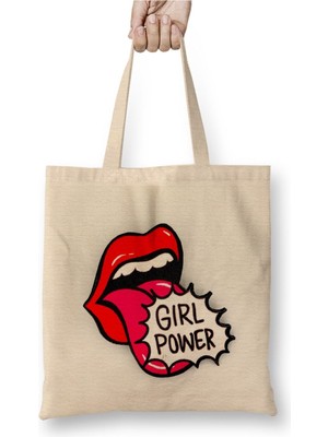 Toyaso Girl Power Beyaz Bez Çanta Uzun Saplı Alışveriş Çantası Plaj Çantası