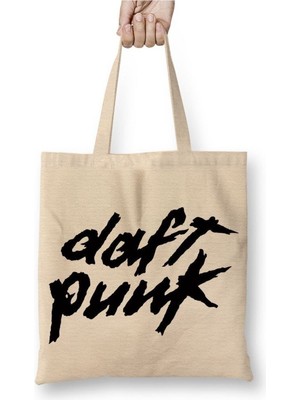 Toyaso Daft Punk 03 Beyaz Bez Çanta Uzun Saplı Alışveriş Çantası Plaj Çantası