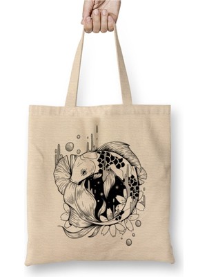 Toyaso Koi Balığı Yin ve Yang Koi Fish In Noire Space Bez Çanta Uzun Saplı Alışveriş Çantası Plaj Çantası