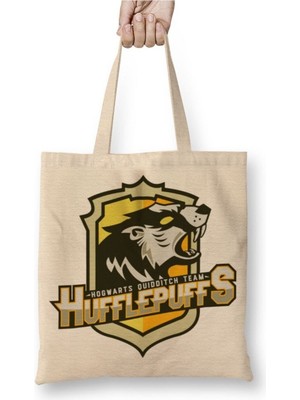 Toyaso Hufflepuff Beyaz Bez Çanta Uzun Saplı Alışveriş Çantası Plaj Çantası