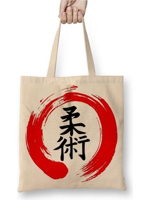 Toyaso Kanji Jiu Jitsu Beyaz Bez Çanta Uzun Saplı Alışveriş Çantası Plaj Çantası