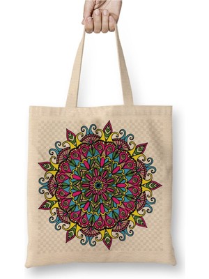 Toyaso Mandala Renkli Hat Sanatı 01 Beyaz Bez Çanta Uzun Saplı Alışveriş Çantası Plaj Çantası