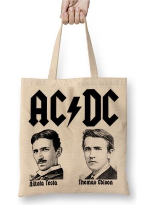 Toyaso Ac Dc Tesla ve Edison Beyaz Bez Çanta Uzun Saplı Alışveriş Çantası Plaj Çantası