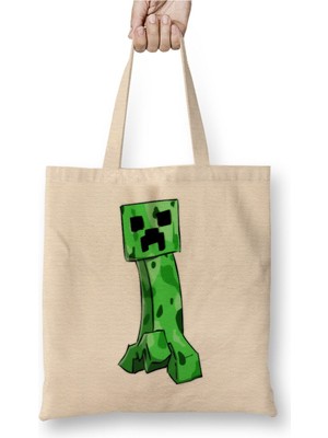 Toyaso Minecraft Creeper Beyaz Bez Çanta Uzun Saplı Alışveriş Çantası Plaj Çantası