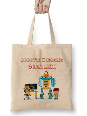 Toyaso Robotik Kodlama Öğretmeni Beyaz Bez Çanta Uzun Saplı Alışveriş Çantası Plaj Çantası