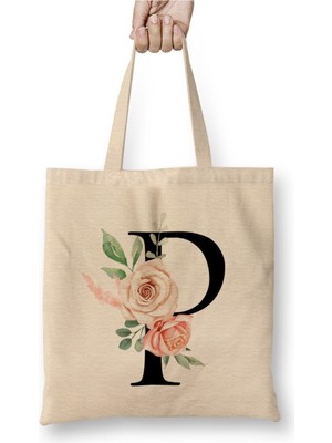 Toyaso P Harfi Beyaz Bez Çanta Uzun Saplı Alışveriş Çantası Plaj Çantası