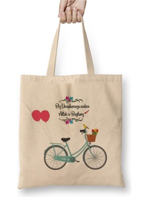 Toyaso Biz Umudumuzu Allah'a Bağlarız Yazılı Beyaz Bez Çanta Uzun Saplı Alışveriş Çantası Plaj Çantası