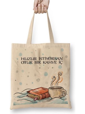 Toyaso Huzur Istiyorsan, Kahve Iç Beyaz Bez Çanta Uzun Saplı Alışveriş Çantası Plaj Çantası