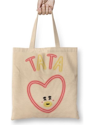 Toyaso BT21 Glowing Tata Beyaz Bez Çanta Uzun Saplı Alışveriş Çantası Plaj Çantası