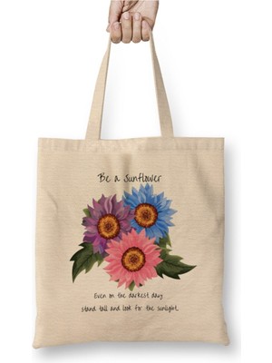 Toyaso Sunflower Ayçiçeği Beyaz Bez Çanta Uzun Saplı Alışveriş Çantası Plaj Çantası