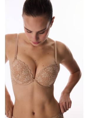 Penti Bej Super Push Up Destekli Lace Dantel Sütyen