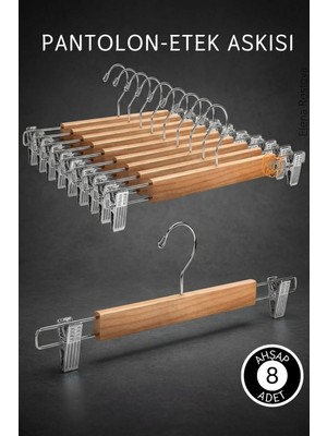 Transformacion 8 Adet Ahşap Pantolon Etek Askısı - Ayarlanabilir Gümüş Mandallı 36cm Organizer Set 719305