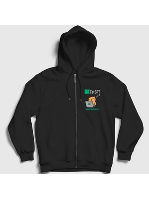 Presmono Unisex Siyah Cat Gpt Komik Yapay Zeka Kedi Kedili Fermuarlı Kapüşonlu Sweatshirt