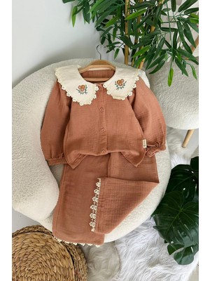 Miniğimin Cicileri Gömlek Yaka Çiçek Işlemeli Müslin Kız Çocuk 2 Li Takım - Kahverengi