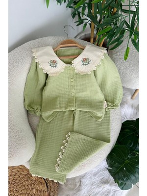Miniğimin Cicileri Gömlek Yaka Çiçek Işlemeli Müslin Kız Çocuk 2 Li Takım - Yeşil