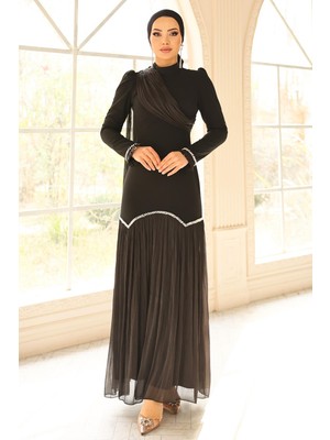 Olcay Inci Pilise Detaylı Krep Yoryo Ipek Kombinli Tesettür Abiye Elbise Siyah 1684