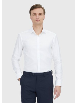 Ramsey Beyaz Desenli Regular Fit Dokuma Klasik %100 Pamuk Gömlek