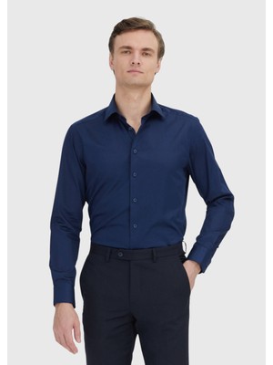 Ramsey Lacivert Düz Slim Fit Dokuma Klasik %100 Pamuk Gömlek