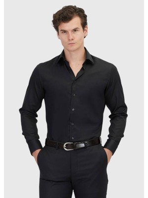 Ramsey Siyah Düz Regular Fit Dokuma Klasik %100 Pamuk Gömlek