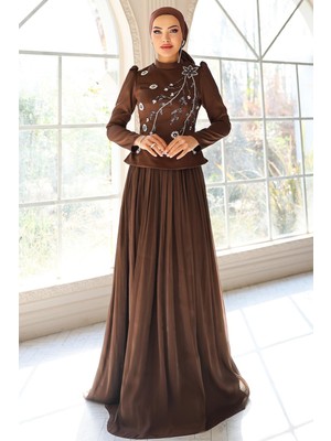 Olcay Önü Taş Işlemeli Saten Yoryo Ipek Kombinli Tesettür Abiye Elbise Kahve 1055
