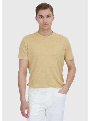 Ramsey Safran Düz Bisiklet Yaka %100 Keten T-Shirt