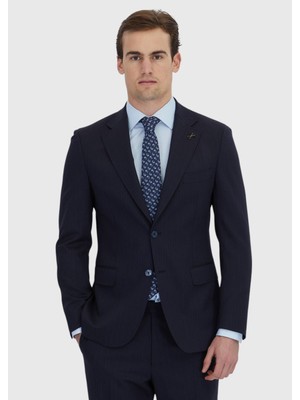 Ramsey Lacivert Çizgili Zeroweight Slim Fit Yün Karışımlı Takım Elbise