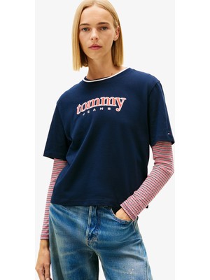 Tommy Hilfiger Boxy Tommy Applique Kadın Mavi T-SHIRT.C1G