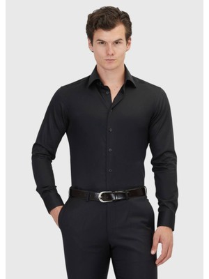 Ramsey Siyah Düz Slim Fit Dokuma Klasik %100 Pamuk Gömlek