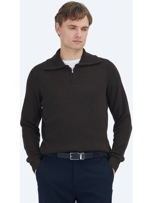 Ramsey Kahverengi Yarım Balıkçı Yaka Düz Örgü Yün Karışımlı Triko Kazak