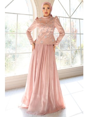 Olcay Önü Taş Işlemeli Saten Yoryo Ipek Kombinli Tesettür Abiye Elbise Pudra 1055