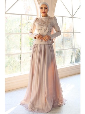 Olcay Önü Taş Işlemeli Saten Yoryo Ipek Kombinli Tesettür Abiye Elbise Taş 1055