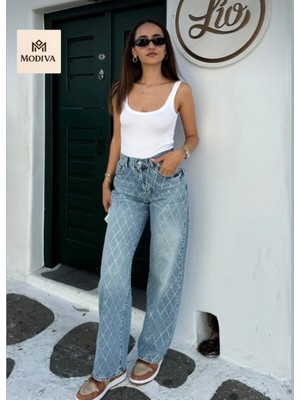 Yüksek Bel Taş Baskılı Bakalava Desenli Boru Paça Mavi Kadın Jean Pantolon