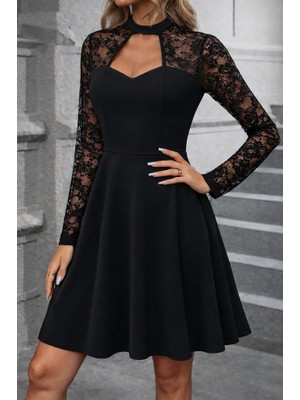 Beruflic Kadın Uzun Kollu Balıkçı Yaka Dantelli Ithal Krep Kısa Kiloş Elbise